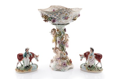 Lot 358 - A pair of late 19th Century Staffordshire figure groups; and a 20th Century Dresden figural comport