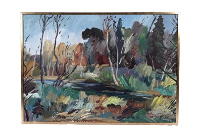 Lot 562 - G.B. - Stream running through a wood | oil