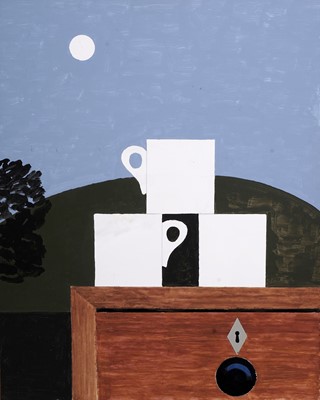 Lot 131 - Kenneth Rowntree - Landscape with three mugs | PVA paint