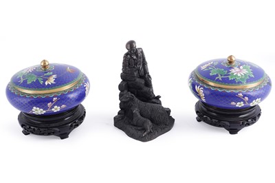 Lot 336 - A pair of late 20th Century cloisonne squat lidded vases; and other items