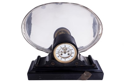 Lot 423 - An impressive oval silver-plated galleried serving tray; and a mantel clock
