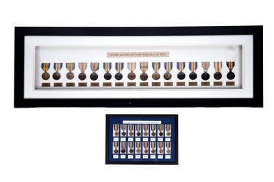 Lot 621 - A display of inter-allied victory medals of the First World War; and replica miniatures