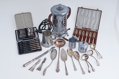Lot 424 - A selection of silver-plated cutlery and flatware; and a matching coffee pot, cream jug and bowl