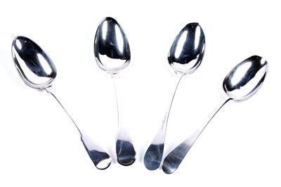 Lot 487 - Four silver table spoons including Hester Bateman