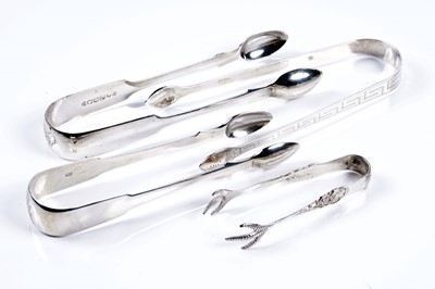 Lot 488 - Four pairs of silver sugar tongs, including one pair of Neoclassical influence by Bateman