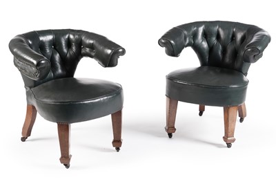 Lot 580 - A pair of Victorian oak framed library or cockfighting chairs