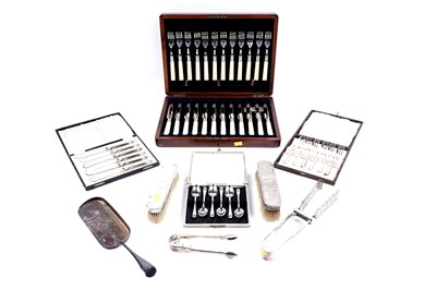 Lot 583 - Antique silver and silverplate including: a pair of George III silver sugar tongs