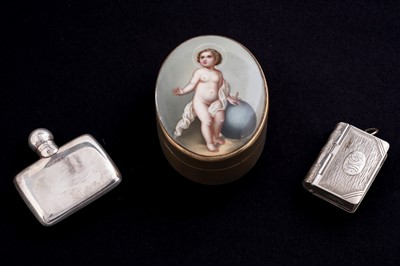 Lot 608 - A 19th Century enamelled box; a silver perfume flask; and a novelty vesta case