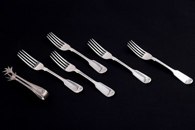 Lot 508 - Victorian Newcastle silver Fiddle pattern forks; and a pair of sugar tongs