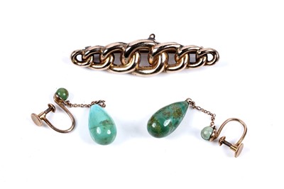Lot 299 - A pair of early 20th Century turquoise pendant earrings; and a 9ct gold bar brooch
