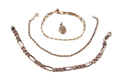 Lot 302 - Three 9ct gold bracelets; and a small locket