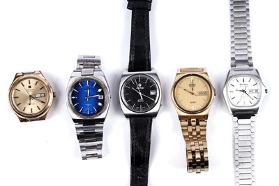 Lot 396 - Five stainless steel and gold plated dress wristwatches by Seiko, Buova, Tissot and Roamer