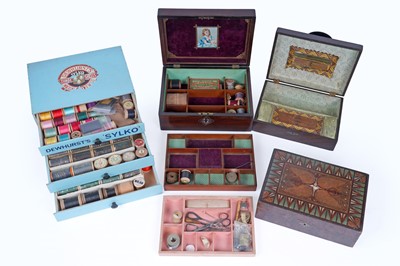 Lot 388 - A Dewhursts ‘Sylko’ three drawer sewing box; and three other sewing boxes