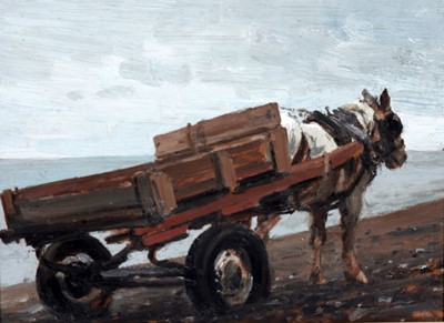 Lot 152 - John Peace - Beach scene with cart and pony | oil