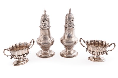 Lot 545 - A pair of Victorian silver pepperettes; and campana form silver salts