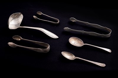Lot 479 - Silver flatware, including a Georgian pair of sugar tongs by Peter, William, and Anne Bateman