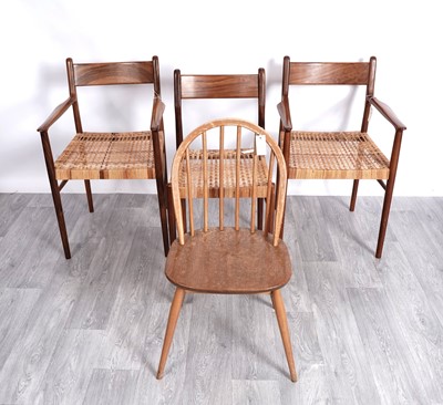 Lot 76 - Three teak carvers; and an Ercol ‘Windsor’ dining chair