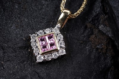 Lot 213 - A contemporary pink sapphire and diamond pendant necklace