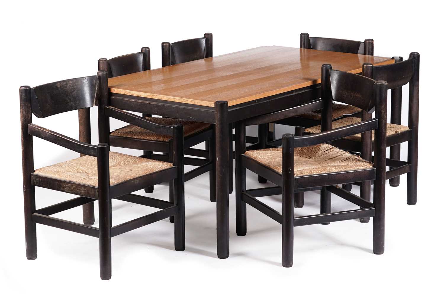 Lot 24 - Vico Magistretti: a set of six ‘Carimate’ oak and rush seated chairs and matching table