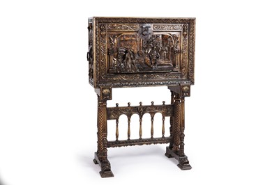 Lot 494 - A heavily carved 20th Century Spanish gilded walnut Vargueno on stand