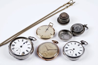 Lot 429 - Pocket watches; a fob sovereign case; a watch chain; and coins