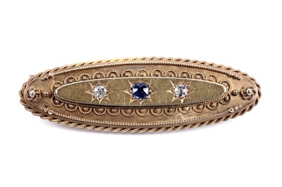 Lot 354 - A Victorian Etruscan Revival sapphire and diamond brooch