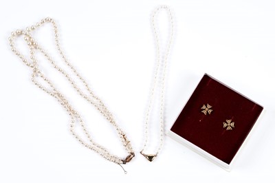Lot 366 - Cultured pearl necklaces by Ciro and H. Samuel; and a pair of Maltese cross 9ct gold earrings