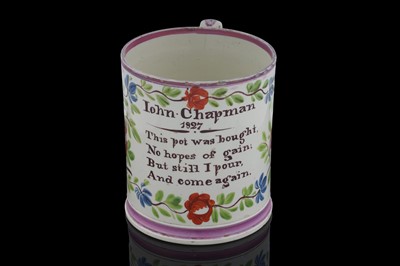 Lot 444 - A Sunderland documentary creamware porter mug