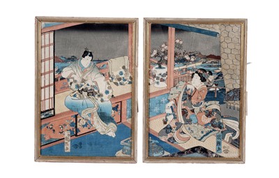 Lot 770 - Utagawa Kuniteru - Two blocks from a triptych depicting figures in an interior | woodblock print