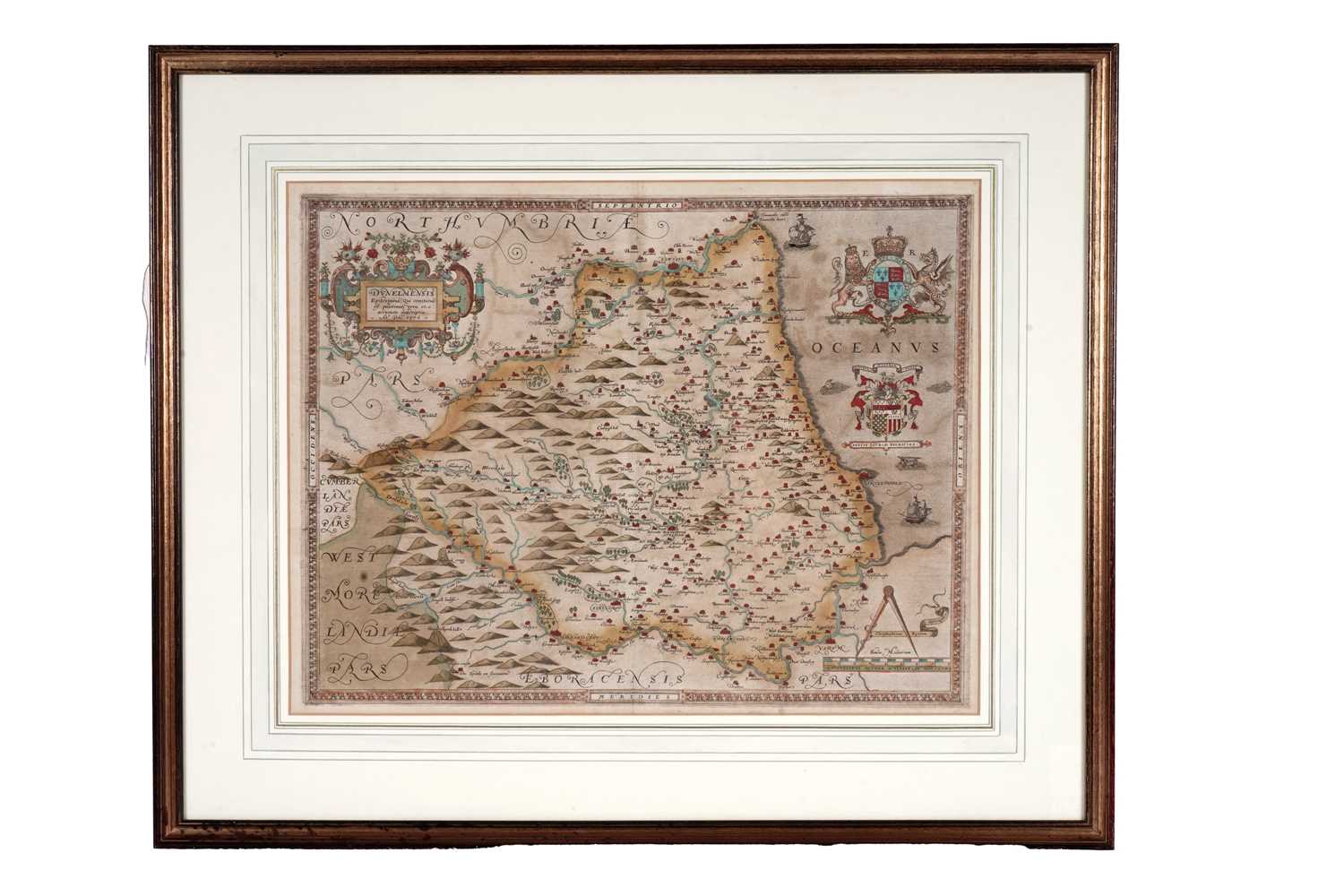 Lot 75 - A 16th Century hand-tinted map of Durham, by Christopher Saxon, c.1576