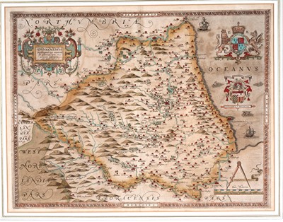 Lot 75 - A 16th Century hand-tinted map of Durham, by Christopher Saxon, c.1576