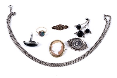 Lot 571 - Jewellery including: an opal and 9ct gold ring; and a 1970s blue tiger's eye ring and pendant