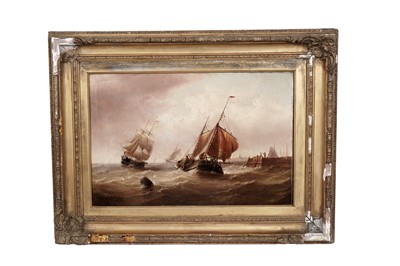 Lot 237 - Claude Thomas Stanfield Moore - Nautical view of three boats by a harbour | oil
