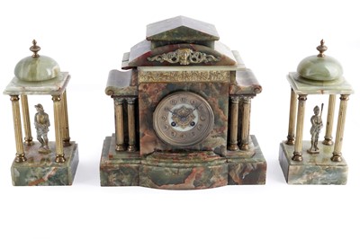Lot 141 - Japy Frères: an early 20th Century onyx 8 day mantel clock; and garnitures