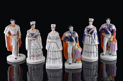 Lot 233 - Three pairs of Staffordshire figures: Albert and Victoria