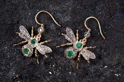 Lot 582 - A pair of Victorian style emerald and diamond pendant earrings