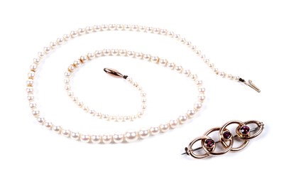 Lot 613 - A Victorian pink tourmaline and 9ct rose gold brooch; and a single strand pearl necklace