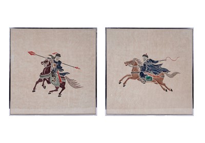 Lot 713 - Early 20th Century Chinese - Two horseback riders with whip and spear | woodblock
