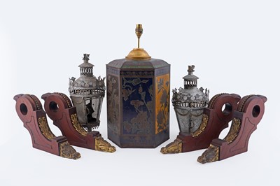 Lot 198 - An octagonal Toleware tea tin lamp; and others