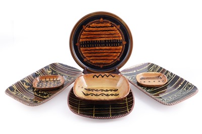 Lot 330 - Coldstone Pottery: three studio pottery slipware dishes; and four others