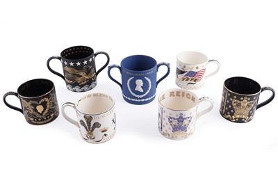 Lot 333 - Richard Guyatt for Wedgwood: five commemorative tankards; and two loving cups