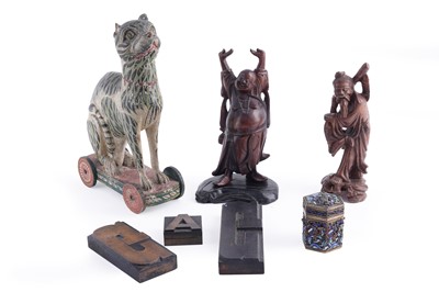 Lot 196 - An early 20th Century Indian carved polychrome pull along cat; and other items