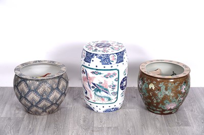 Lot 408 - Two 20th Century Oriental fishbowls; and an Oriental garden stool