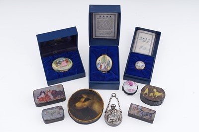 Lot 212 - Three boxed Halcyon Days enamel pill boxes; and other items