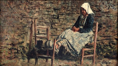 Lot 142 - George Sherwood Hunter - Porthaven, a woman in clogs | oil