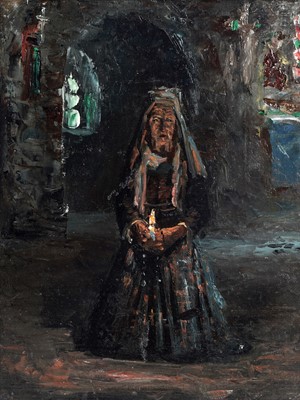 Lot 148 - George Sherwood Hunter - A nun kneeling with a candle | oil