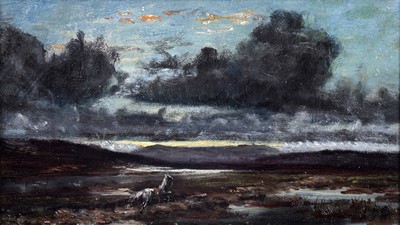 Lot 22 - George Sherwood Hunter - Galloping horse under dark clouds, landscape | oil