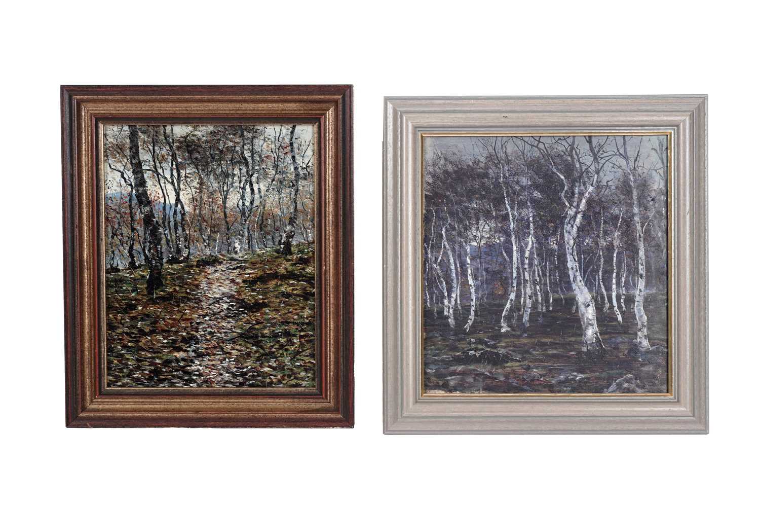 Lot 29 - George Sherwood Hunter - An opposed pair of silver birchwood landscapes | oil