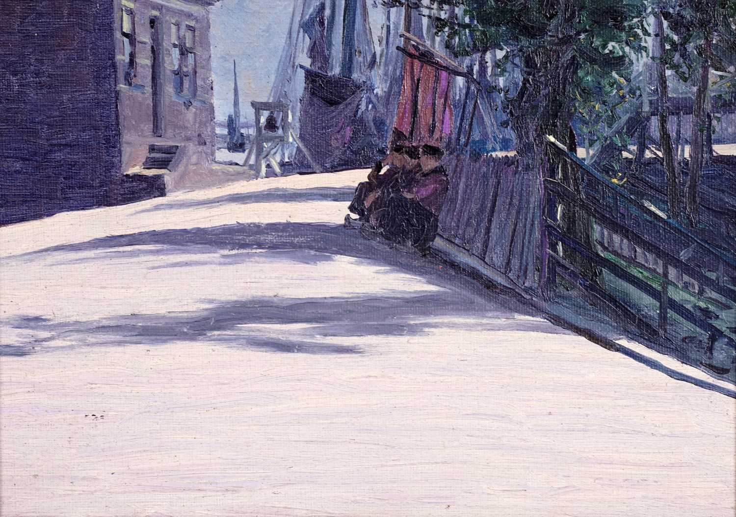 Lot 17 - George Sherwood Hunter - Men seated on a seaside street | oil
