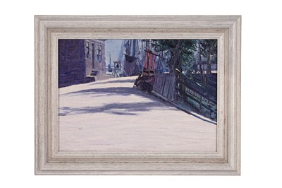 Lot 17 - George Sherwood Hunter - Men seated on a seaside street | oil